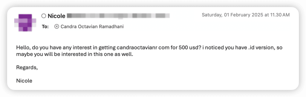 Email from the previous owner—offering to sell me the domain I’d already reclaimed.